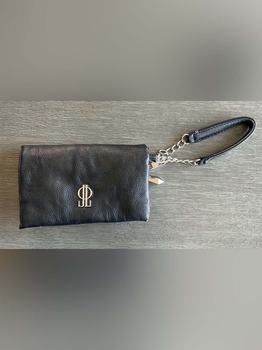 Jennifer Lopez Black Leather Fold Over Soft Wristlet Clutch Black